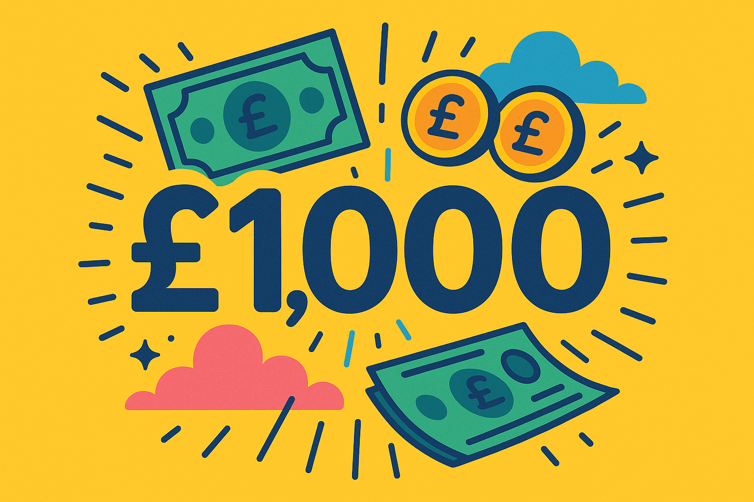 Illustrated £1,000 with bold colours, coins, and notes symbolising online income and financial goals