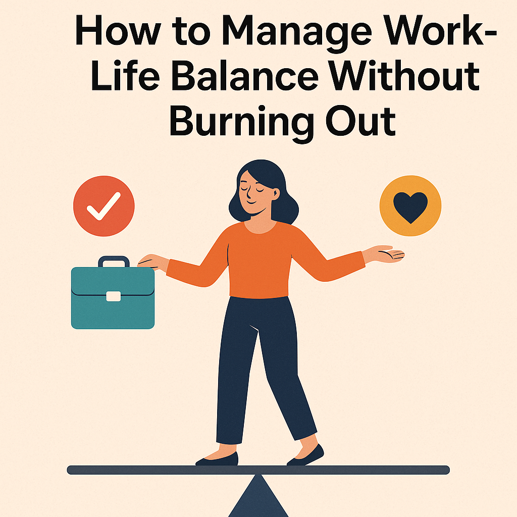 Illustration of a woman balancing work and life on a seesaw, holding icons for career and personal well-being, representing work-life balance without burnout.