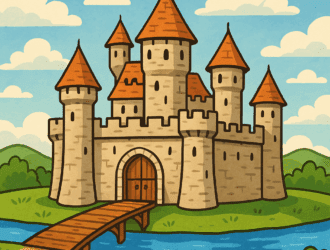 Storybook-style illustration of a medieval castle surrounded by a blue moat, symbolising protecting an online business from competitors.