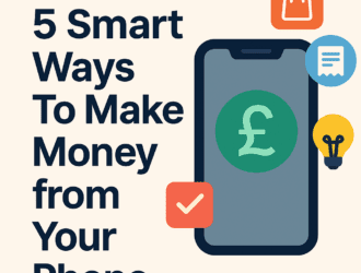 Illustration of a smartphone with a pound sign on the screen, surrounded by icons for shopping, receipts, and ideas, with text reading ‘5 Smart Ways To Make Money from Your Phone.