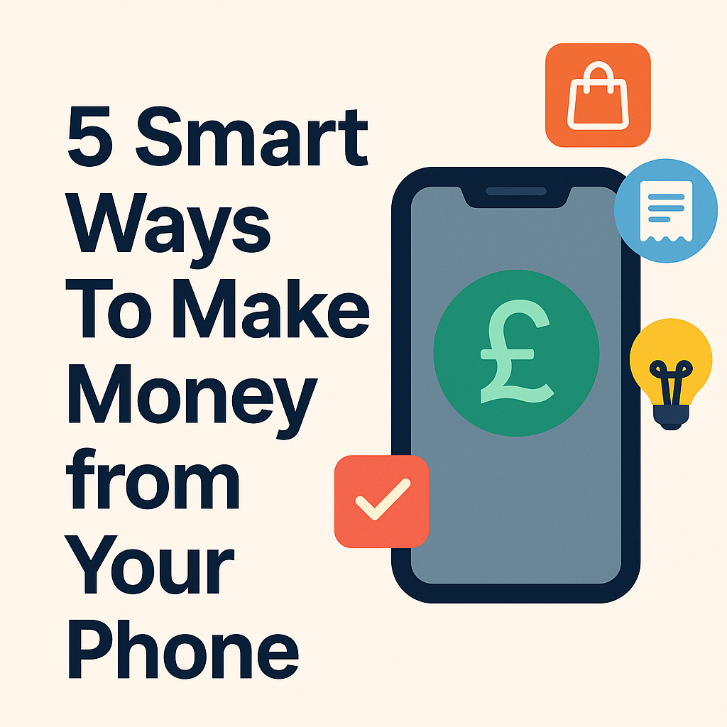 Illustration of a smartphone with a pound sign on the screen, surrounded by icons for shopping, receipts, and ideas, with text reading ‘5 Smart Ways To Make Money from Your Phone.