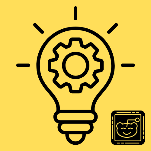 Lightbulb with gear symbol and Reddit logo icon, representing simple online business ideas and content repurposing.