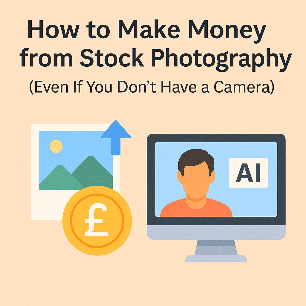 How to make money from stock photography without a camera – illustration of photo upload, pound coin, and AI computer screen.
