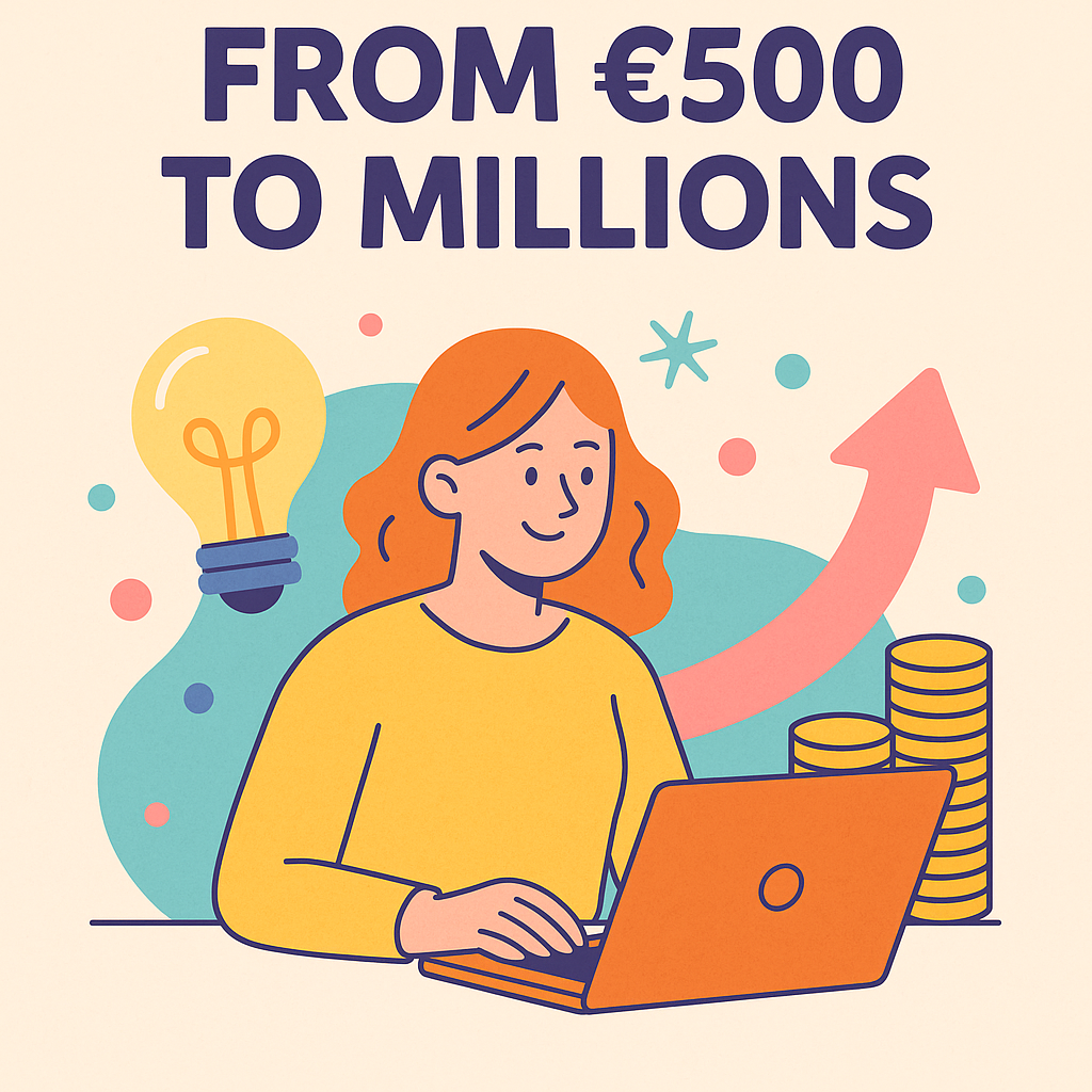 Illustration of a smiling woman working on a laptop with coins, an upward arrow, and a light bulb, representing starting a business with little money and growing it into success.