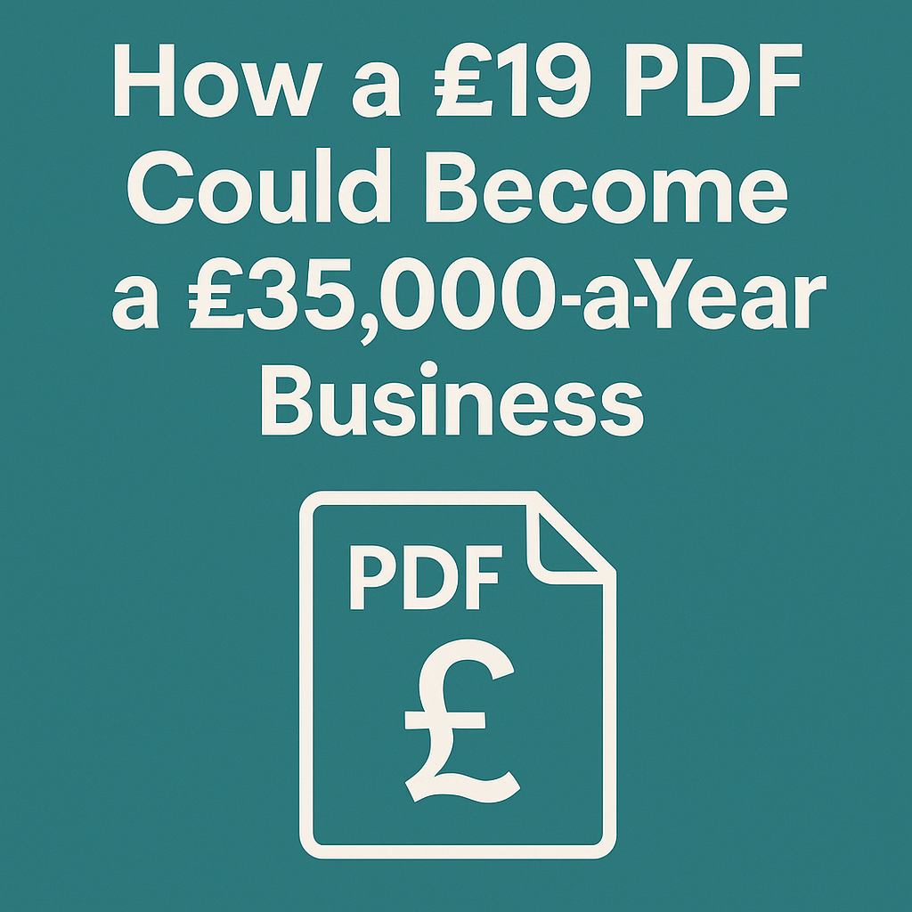 Minimalist teal graphic with bold white text reading ‘How a £19 PDF Could Become a £35,000-a-Year Business,’ above an icon of a PDF document with a pound symbol.
