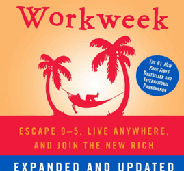 Cover of The 4-Hour Work Week by Timothy Ferriss showing a person relaxing in a hammock between two palm trees.