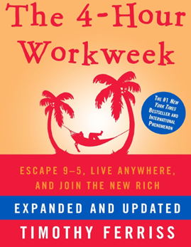 Cover of The 4-Hour Work Week by Timothy Ferriss showing a person relaxing in a hammock between two palm trees.