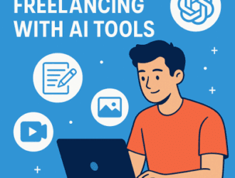 A man working on a laptop with icons representing writing, video editing, and design tools, illustrating the concept of freelancing with AI tools.