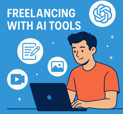 A man working on a laptop with icons representing writing, video editing, and design tools, illustrating the concept of freelancing with AI tools.