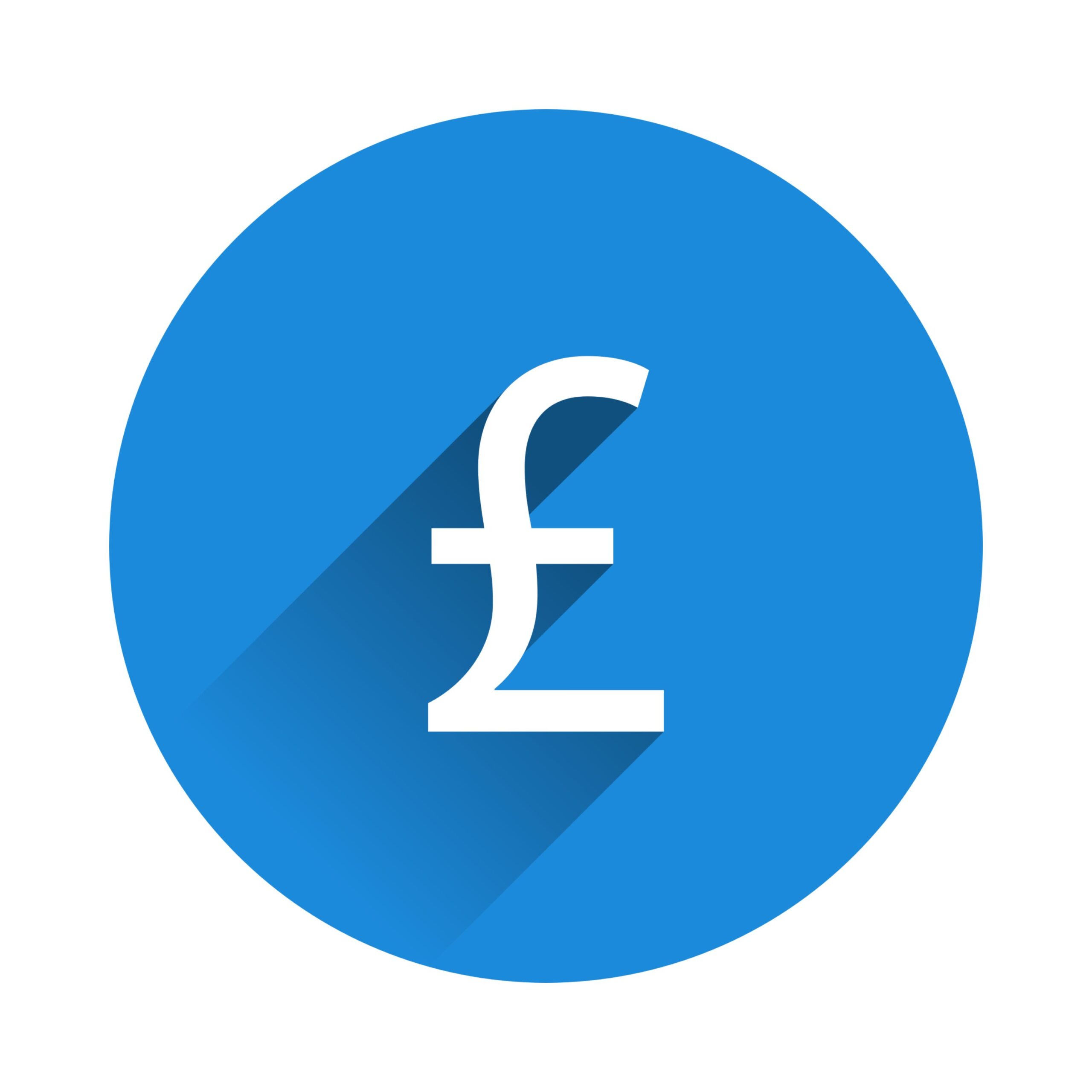 Blue circular icon with a white pound (£) symbol and a long shadow, representing money or finance.