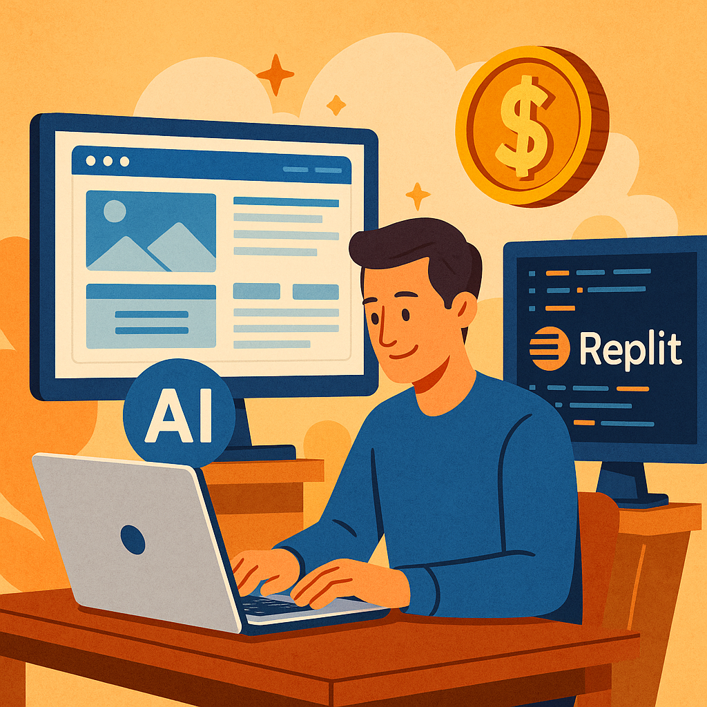 Illustration of a person using a laptop to build websites with AI and Replit, with screens showing code and a money symbol to represent earning online.