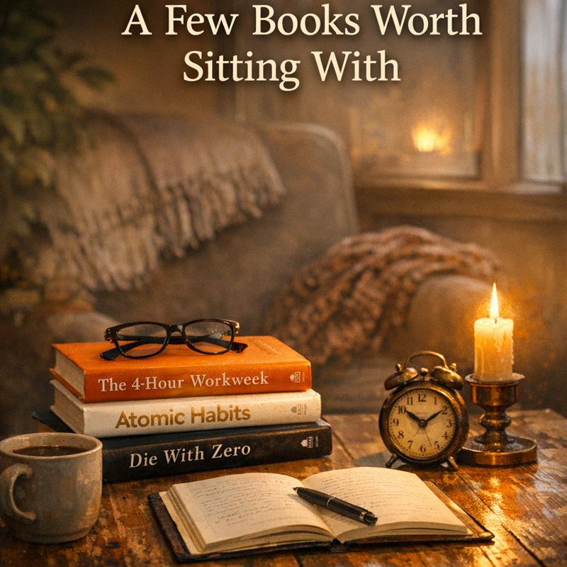 Stack of books including The 4-Hour Workweek, Atomic Habits, and Die With Zero on a desk with a notebook and coffee, creating a calm reading scene
